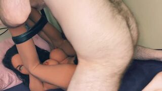 Tied Up with TPE - very hairy uncut white guy kisses, spanks, and fucks hogtied pierced Latina sex doll and busts a huge cumshot - 3 image