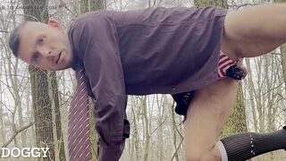 Suited Businessmen squirts milk from his malepussy and rides the dildo in the forest till getting anal orgasm - 9 image