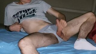 Teenager with grey underwear and sports socks masturbates and shots his sperm - 6 image