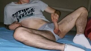 Teenager with grey underwear and sports socks masturbates and shots his sperm - 8 image