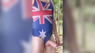 Risky public walking track cum in one-piece swimsuit