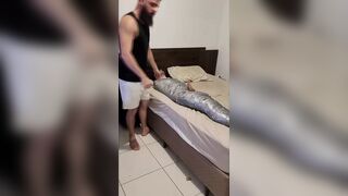 very lewd man being mummified by bearded dom - 1 image