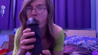 Cute femboy engulfing and jerking off biggest dildos