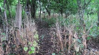 wearing very baggy underclothes outdoors in the woods to stripped