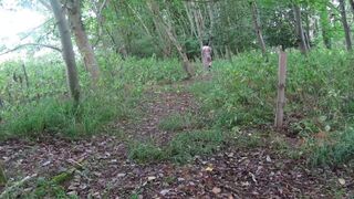 wearing very baggy underclothes outdoors in the woods to stripped