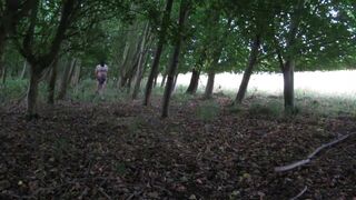 wearing very baggy underclothes outdoors in the woods to stripped