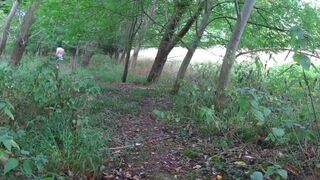 wearing very baggy underclothes outdoors in the woods to stripped