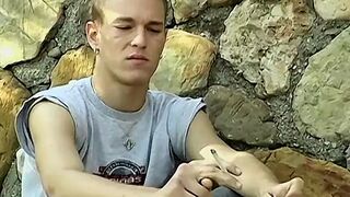 Slender dilettante Yuri cums while masturbating and smoking cigars