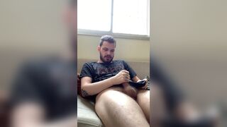 uncut white boy jerking and cumming on the couch - 15 image