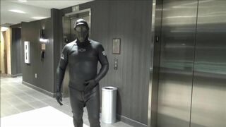 hotel movie part 6 - changed into new wetsuit & gasmask frogman cums at elevator windows - 10 image