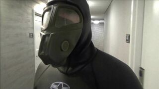 hotel movie part 6 - changed into new wetsuit & gasmask frogman cums at elevator windows - 4 image