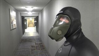 hotel movie part 6 - changed into new wetsuit & gasmask frogman cums at elevator windows - 5 image