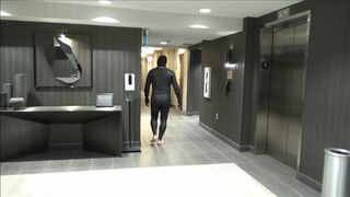 hotel movie part 6 - changed into new wetsuit & gasmask frogman cums at elevator windows - 6 image