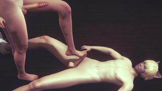 Yaoi Femboy - Erito footjobs catboy and makes him cum - 5 image