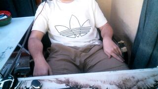 Inexperienced Man Pisses himself, piss drinks and cums - 1 image