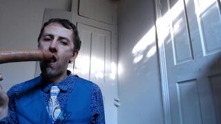 EDGEWORTH JOHNSTONE Suit Blowjob 4 - Dildo Fake Cum in Mouth - Likes sucking a big gay cock closeup