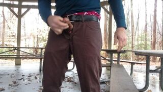 Im jacking off at the campground on a rainy day in the public pavilion