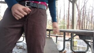 Im jacking off at the campground on a rainy day in the public pavilion