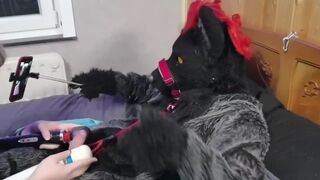 Murrsuit wolf on the bed get teased and cum with 2 magic wands