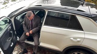 Businessman in socks has Car Sex using dildo toy - 1 image