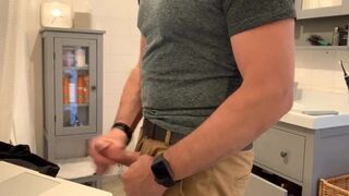 Beating my meat in the bathroom, verbal masturbation and cumming in khaki pants - 5 image