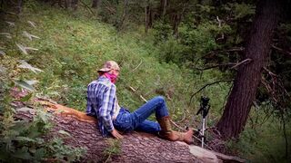 Outdoor twink wanks himself on a log wearing big boy boots! - 2 image