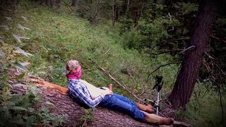 Outdoor twink wanks himself on a log wearing big boy boots! - 3 image