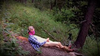 Outdoor twink wanks himself on a log wearing big boy boots! - 8 image