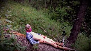 Outdoor twink wanks himself on a log wearing big boy boots! - 9 image