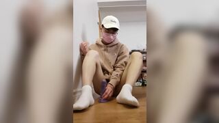 Asian Sissy Femboy Cum in White Socks and Chastity Cage - 10 image