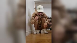 Asian Sissy Femboy Cum in White Socks and Chastity Cage