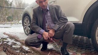 Businessman is playing with dildo in a Car