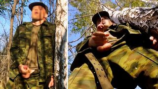 Russian SOLDIER in the forest JERKING off a military dick - 1 image