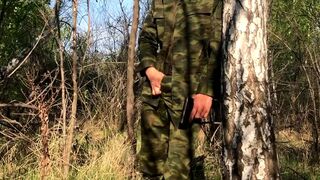 Russian SOLDIER in the forest JERKING off a military dick - 3 image