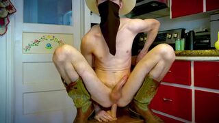 Cowboy Rides Rubber Cock Suctioned to A Kitchen Chair Hard!