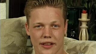 Curly blonde haired boy sucks balls and cock on the couch