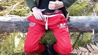 Jerking off a big dick. Walked through the woods.