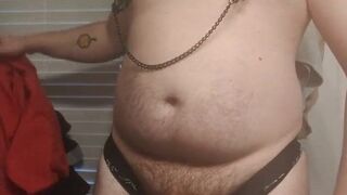 Fat boy edges and denies while wearing a thong - 2 image