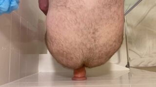 Top down view of dildo riding while standing in shower - 5 image
