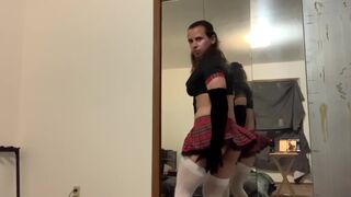 Caged sissy in school clothes strips (super hot!) - 2 image