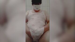 Chubby Femboy Masturbating in Cute One-Piece Swimsuit - 11 image