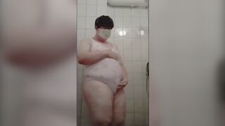 Chubby Femboy Masturbating in Cute One-Piece Swimsuit - 3 image