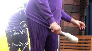 Wearing purple cloths while I fuck my ass in public