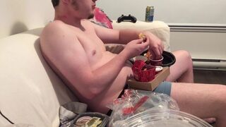 Stuffing & Watching Anime. Chubby Guy, Big Belly Meal! Eating too much Hehe - 4 image