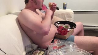 Stuffing & Watching Anime. Chubby Guy, Big Belly Meal! Eating too much Hehe - 5 image