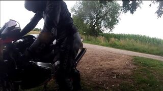 alo biker in a video with my aprilia in leather suit - 4 image