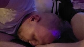 Pup wears nipple clamps as sexy Boy blows his little cock