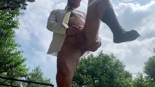 Businessman enema pissing in public