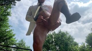 Businessman enema pissing in public