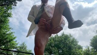 Businessman enema pissing in public